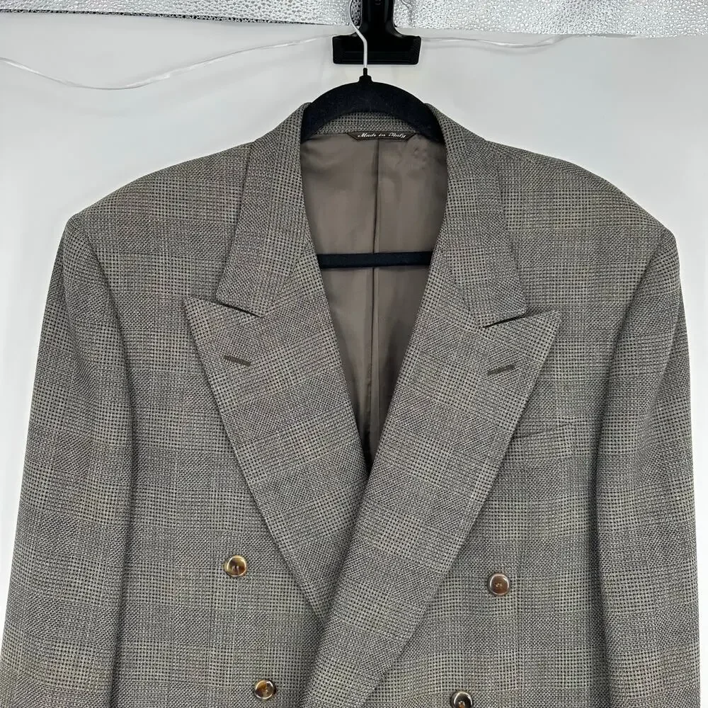 Canali Mens 42R EU52 Double Breasted Sport Coat Jacket Wool Checked Brown Italy